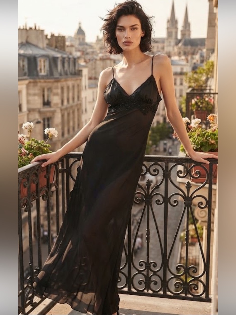 Vintage La Vie en Rose Black Lingerie Slip Gown Maxi Dress Size M